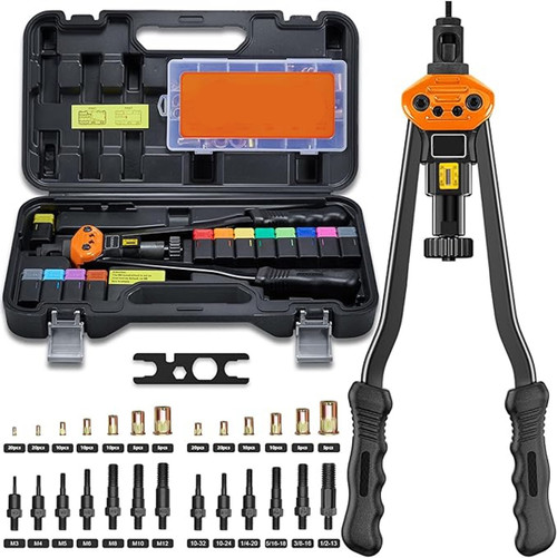 Rivet Nut Tool Kit -16" Rivnut Tool Kit with 13 Metric and SAE Mandrels, 150 PCS Rivet Nut Assortment Kit, Rugged Carrying Case