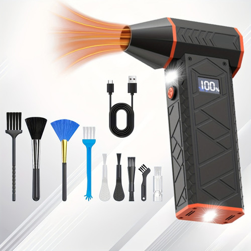 Versatile 4-Speed Cordless Turbo Fan Air Duster - USB Rechargeable, Powerful 100W Electric Compressed Jet Blower with Digital Display, Includes Multiple Nozzles for Keyboards, Cars, Home & Outdoor Use, Turbo Jet Blower Orange Color