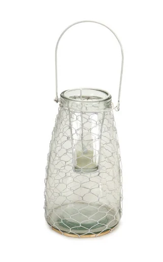 10.5″ Clear Hanging Glass Tea Light Holder with White Wire Netting