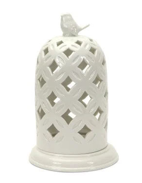 10.5″ White Garden Lattice with Bird Dome Decorative Pillar Candle Holder
