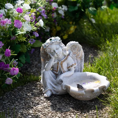 10″ Gray Resting Angel Bird Feeder Garden Statue for Outdoor Decor