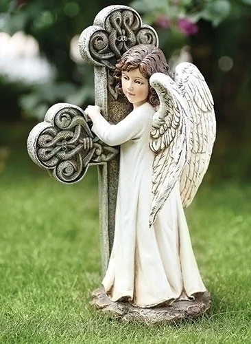 11.75″ White Serene Angel Facing a Cross Garden Statue