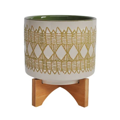 11″ Olive Green Ceramic Aztec Decorative Planter with Stand