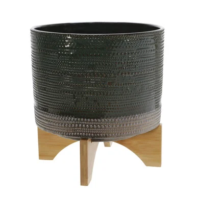 11″ Sage Green and Beige Dotted Ceramic Planter with Stand