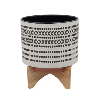 12″ Gray and Ivory Aztec Ceramic Planter on Stand