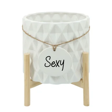 12″ White and Beige Diamond “Sexy” Medallion Ceramic Planter on Stand