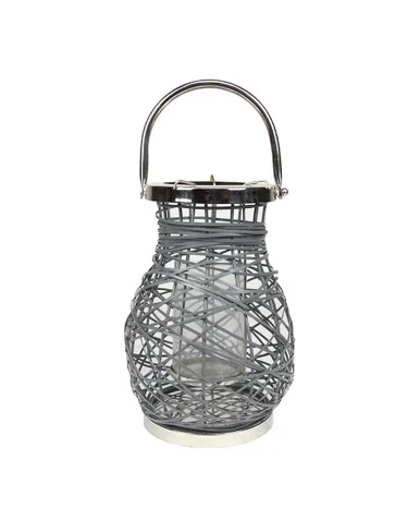 13.5″ Modern Gray Decorative Woven Iron Pillar Candle Lantern with Glass Hurricane