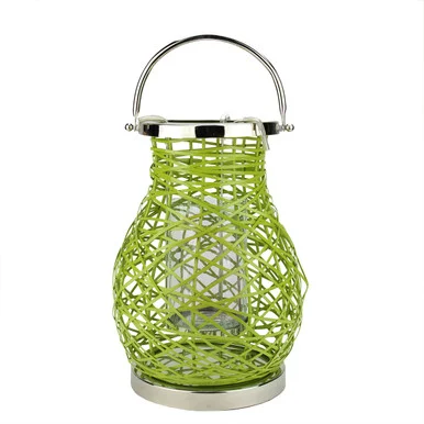 13.5″ Modern Green Decorative Woven Iron Pillar Candle Lantern with Glass Hurricane