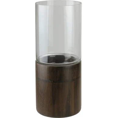 15.25″ Clear Glass Hurricane Pillar Candle Holder with Wooden Base