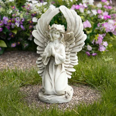 15.25″ Kneeling Angel with Floral Crown Outdoor Garden Statue