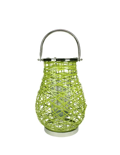 16.25″ Modern Green Decorative Woven Iron Pillar Candle Lantern with Glass Hurricane