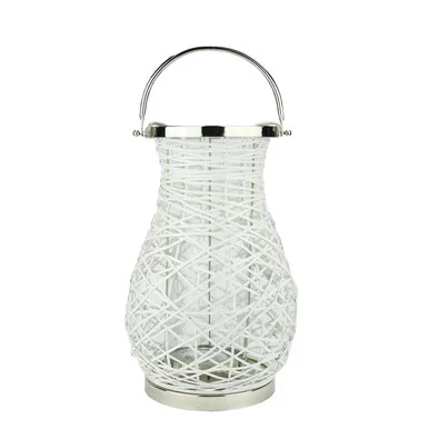 16.25″ Modern White Decorative Woven Iron Pillar Candle Lantern with Glass Hurricane