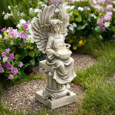 17″ Angelic Harmony: Graceful Peaceful Angel on Pedestal Statue and Candle Holder