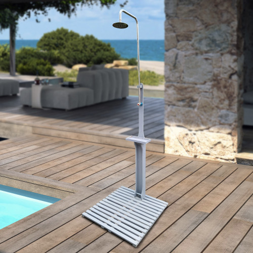 Outdoor Garden Pool Shower with Chassis Board, for Swimming Pool, Patio, Terrace, Garden, Wood Rinse your body after swimmingGray + Solid Wood