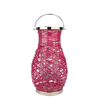 18.5″ Modern Fuchsia Pink Decorative Woven Iron Pillar Candle Lantern with Glass Hurricane