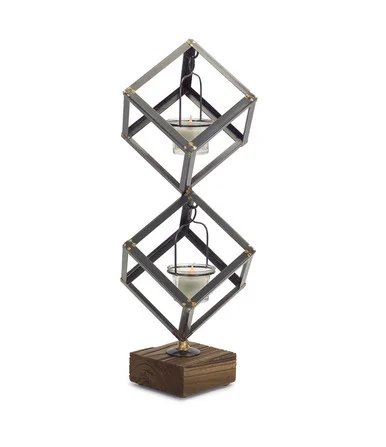 18″ Decorative Stacked Boxes on Wood Base Votive Candle Holder