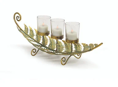 18″ Golden Patina Laying Fern with Three Votive Cups Table Top Decoration