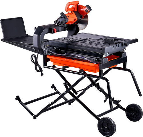 Wet Tile Saw with Stand - 10-inch 65Mn Steel Blade, 4500 RPM Motor, Water Reservoir, Caster Wheels, 0-45 Degrees Miter Angle for Cutting Tiles & Stones