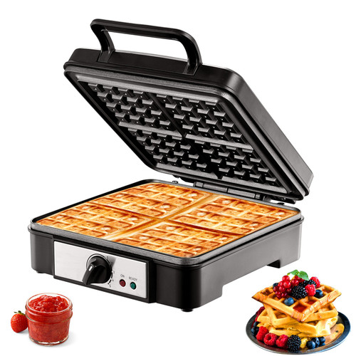 Waffle Maker, 4 Slices per Batch, 1200W Square Waffle Iron, Non-Stick Waffle Baker Machine with 122-572" / 50-300" Temperature Range Teflon-Coated Baking Pans Stainless Steel Body, 120V
