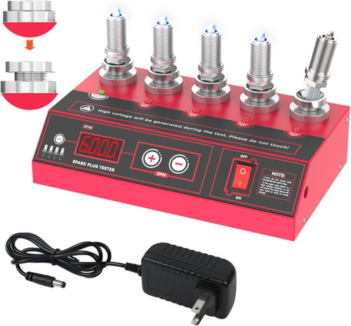 Spark Plug Tester 5-Hole Spark Tester 0~9999rpm Adjustable Frequency Ignition Coil Tester with Digital Display & Indicator, Spark Tester Automotive Ignition Tester for 12V Engine Vehicles Motorcycles