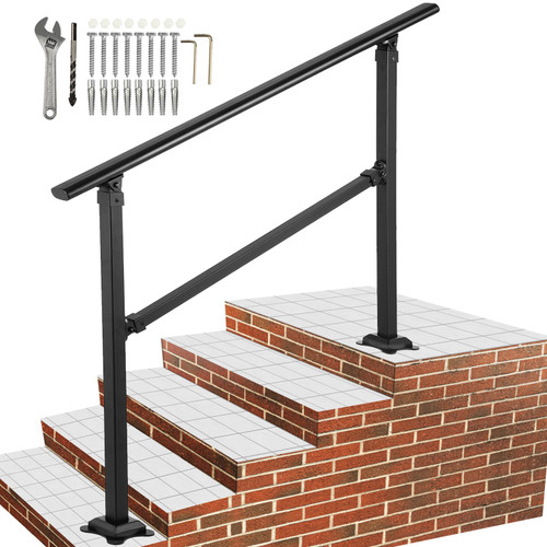Outdoor Stair Railing, Fits for 0-5 Steps Transitional Wrought Iron Handrail, Adjustable Exterior Stair Railing, Handrails for Concrete Steps with Installation Kit, Matte Black Outdoor Handrail