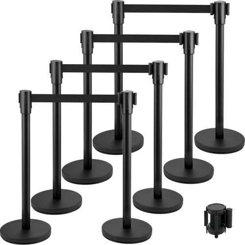 Crowd Control Stanchion, Set of 8 Pieces Stanchion Set, Stanchion Set with 6.6 ft/2 m Black Retractable Belt, Black Crowd Control Barrier w/ Concrete and Metal BaseEasy Connect Assembly