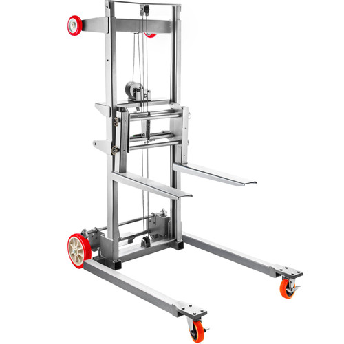 Manual Winch Stacker, 41.7" Length, 25.8" Width, 72.4" Height, 2.4" - 63" Height Range, Adjustable Straddle Hand Winch Lift Truck, 551 lbs Capacity, Material Lifts for Warehouse and Factory