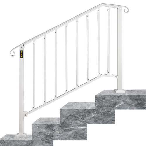 Fit 3 or 4 Steps Outdoor Stair Railing, Handrails for Outdoor Steps, Picket#3 Wrought Iron Handrail, Flexible Porch Railing, White Transitional Handrails for Concrete Steps or Wooden Stairs