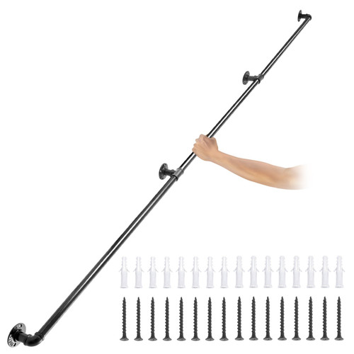 Pipe Stair Handrail, 8FT Staircase Handrail, 440LBS Load Capacity Carbon Steel Pipe Handrail, Industrial Pipe Handrail with Wall Mount Support, Round Corner Wall Handrailings for Indoor, Outdoor