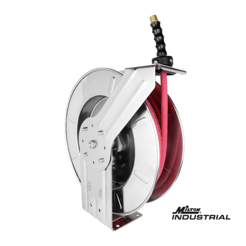 Milton™ Industrial Stainless Steel Hose Reel Retractable, 1/4" ID x 25' Ultra-Lightweight Rubber hose w/ 1/4" NPT, 300 PSI