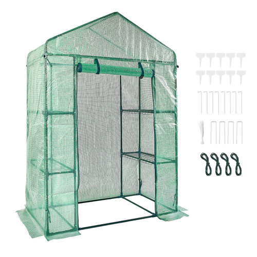 Walk-in Green House, 4.6 x 2.4 x6.7 ftGreenhouse with Shelves, Set Up in Minutes, High Strength PE Cover with Doors & Windows and Steel Frame, Suitable for Planting and Storage, Green