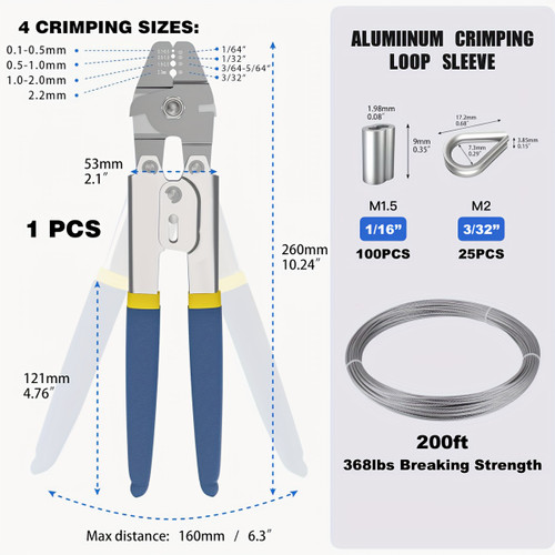 304 Stainless Steel Wire Rope Crimping Kit, 200ft 1/16" Cable with 7x7 Strand Core, Includes 200 Aluminum Crimping Loops and 50 M2 Stainless Steel Thimbles, Corrosion Resistant, High Strength, No Battery Required