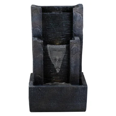 23.5″ Modern Lighted Three-tier Outdoor Garden Water Fountain in Black and Gray