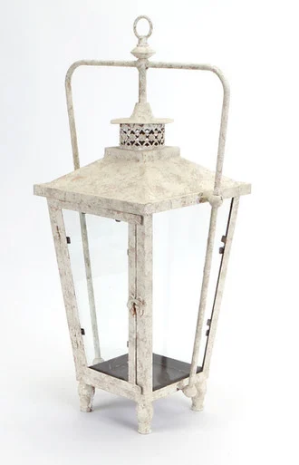 23″ Distressed Rustic White Spackled Indoor/Outdoor Candle Holder Lantern