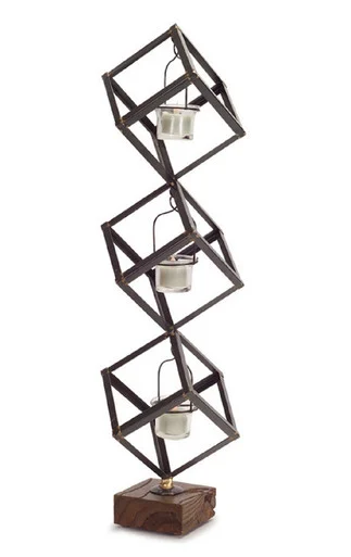 24″ Decorative Stacked Boxes on Wood Base Votive Candle Holder