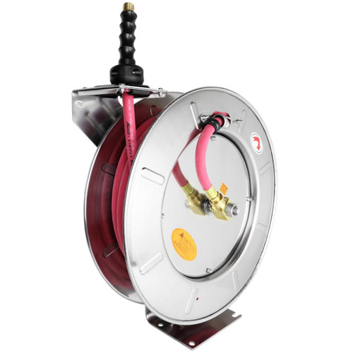 Milton™ Industrial Stainless Steel Hose Reel Retractable, 3/8" ID x 50' Ultra-Lightweight Rubber hose w/ 3/8" NPT, 300 PSI