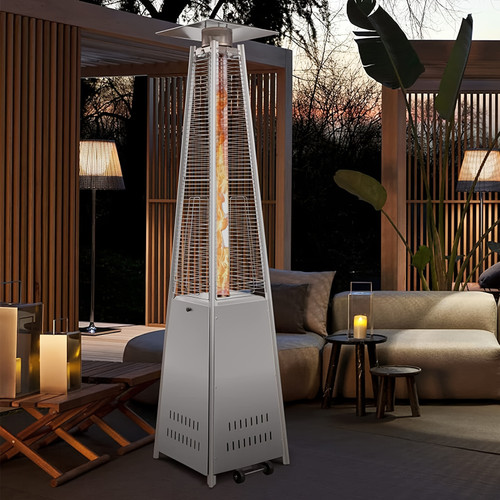 Pyramid Patio Heater Outdoor, 42, 000 BTU Wind-Resistance Quartz Glass Tube Flame Heater With Wheels Propane, Silvery Stainless Steel Burner