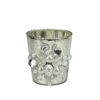 3″ Glamour Time Hayworth Platinum Silver Glass Votive Candleholder with Pearl Jewel
