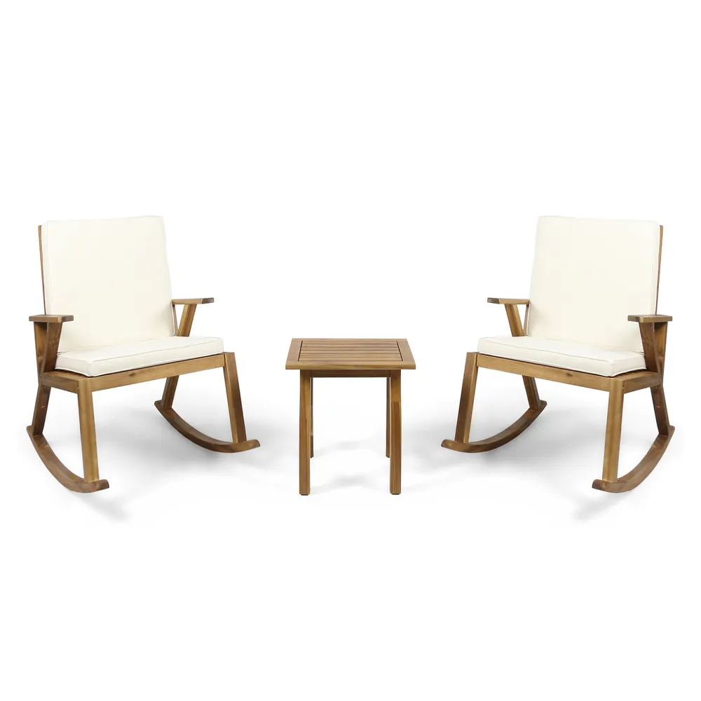 3pc Brown and Beige Contemporary Outdoor Rocking Chairs with Side Table 36.75″