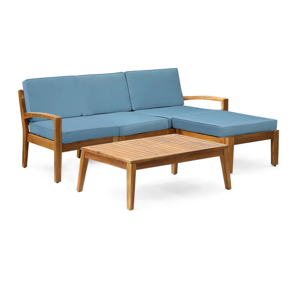 5pc Brown and Blue Outdoor Patio Conversation Set with Cushions 39.5″