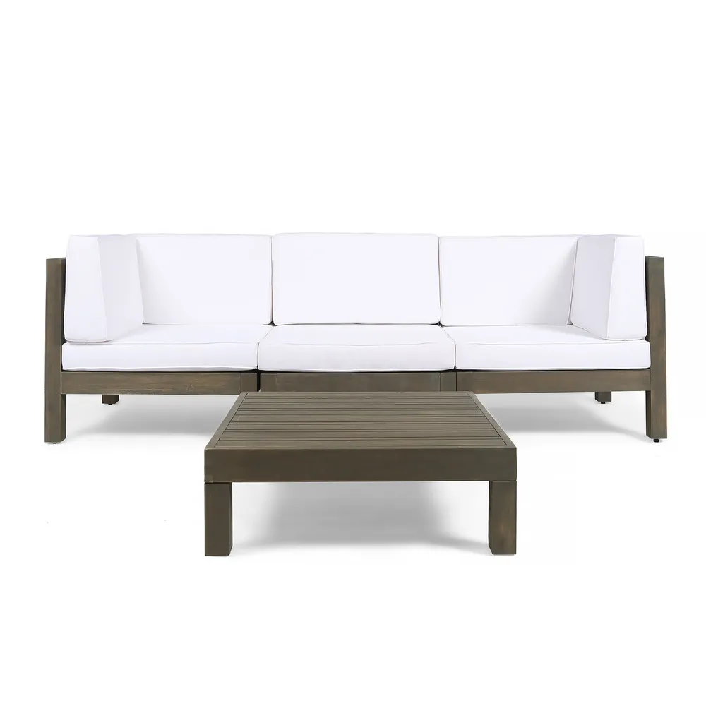 3pc White and Brown Outdoor Patio Sectional Sofa Set with Coffee Table 30.25″