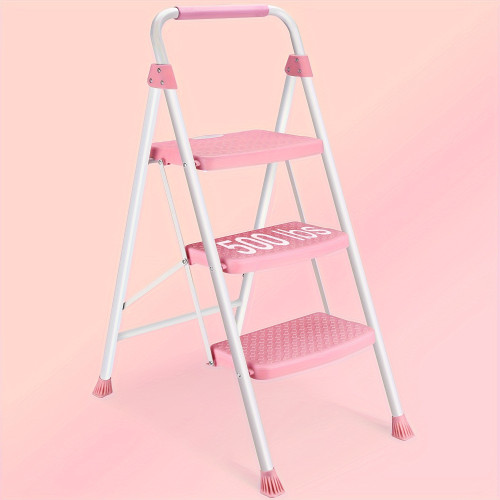 Ergonomic Foldable 3 Step Stool, Compact Step Ladder With Durable Handrail & 330lbs Weight Max Capacity, Ideal For Home Use, Pink