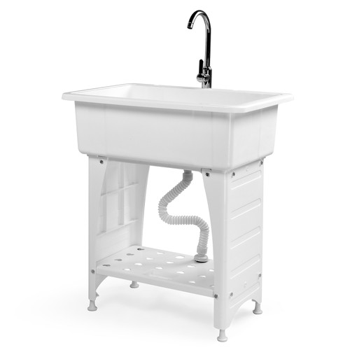 Freestanding Utility Sink with Faucet, Laundry Tub Sink with Storage Shelf for Laundry Room, Basement, Garage, Bathroom, Kitchen White