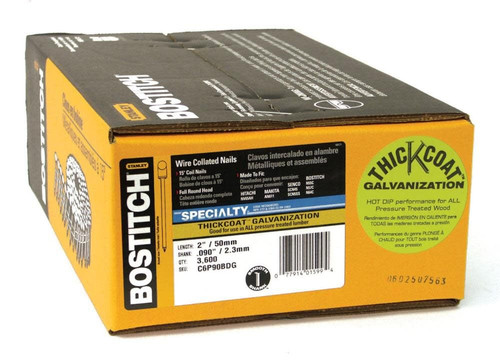 BOSTITCH C Series Coil Siding Nail, 0.09 in Dia, 2 in L, Thickset Galvanized, Steel
