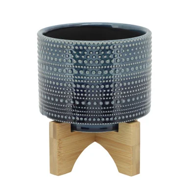 6″ Blue and Brown Outdoor Ceramic Dotted Planter with Wood Stand