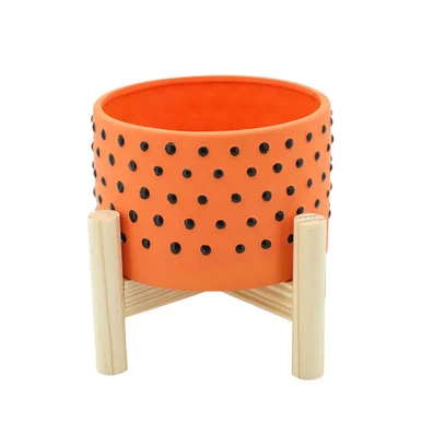 6″ Orange Ceramic Polka Dotted Planter with Stand