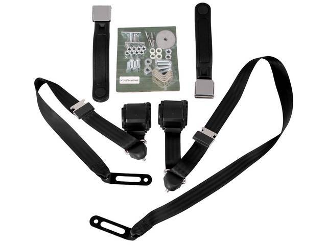 Front 3 Point Seat Belt Conversion Set, black with chrome buckle