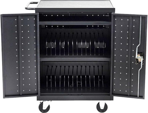 Mobile Charging Cart, 32 Device, Two-Layer Charging Cabinet for Laptop Computers, Chromebook, iPad, Tablets, Up to 13-inch Screen Size, Storage Cart with Power Strip, USB Port, and Locking Door