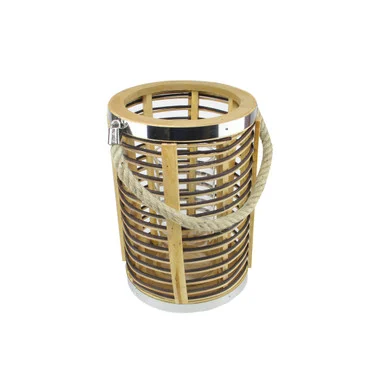 7.5″ Rustic Chic Cylinderical Rattan Decorative Candle Holder Lantern with Jute Handle