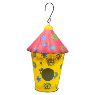 7.75″ Red and Yellow Metal Birdhouse with Flowers